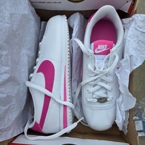 Nike White and Hot Pink Cortez Sneakers